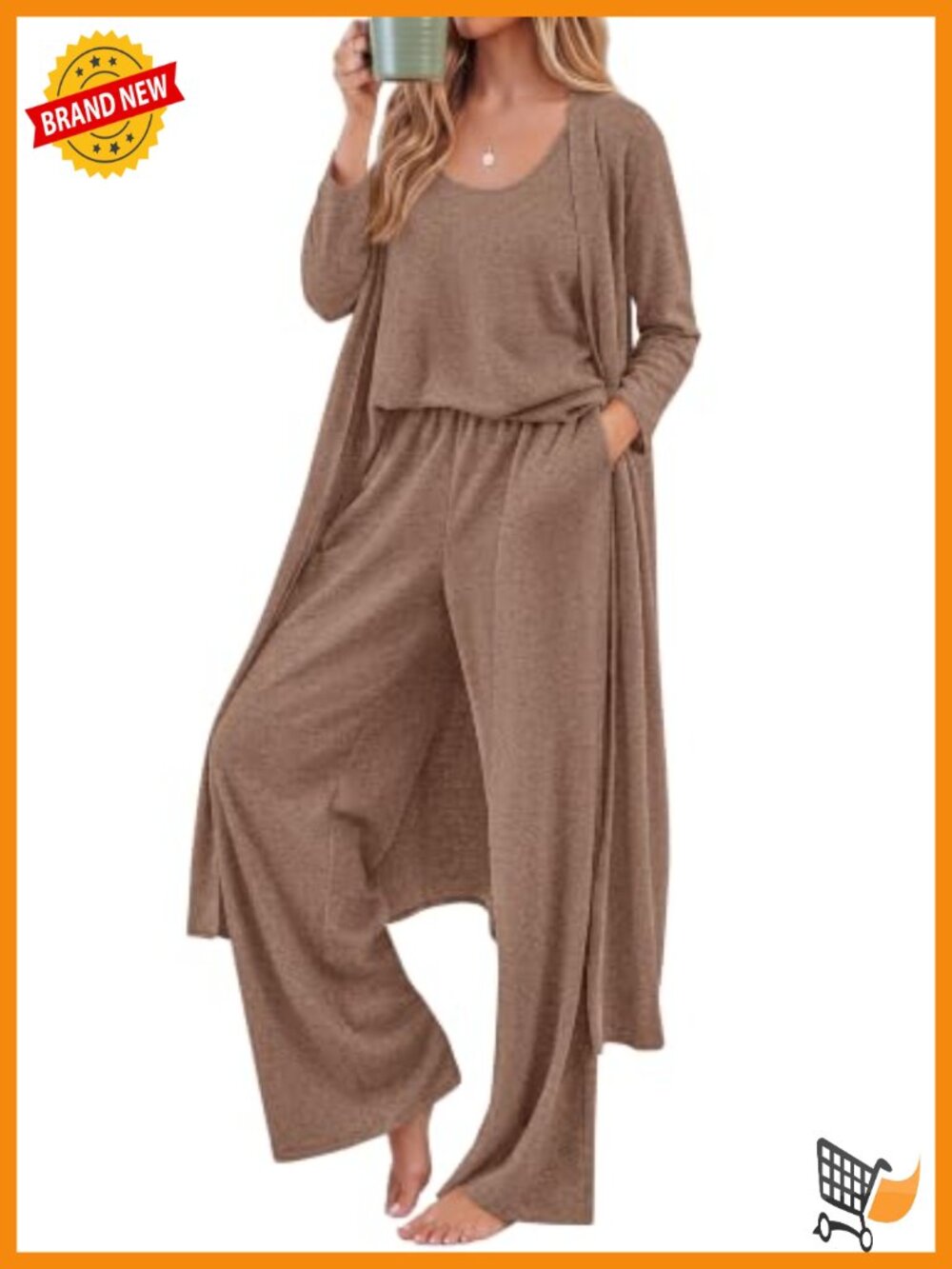 3 Piece Lounge Set Women Cardigan Tank Top Wide Leg Pants Travel Outfit